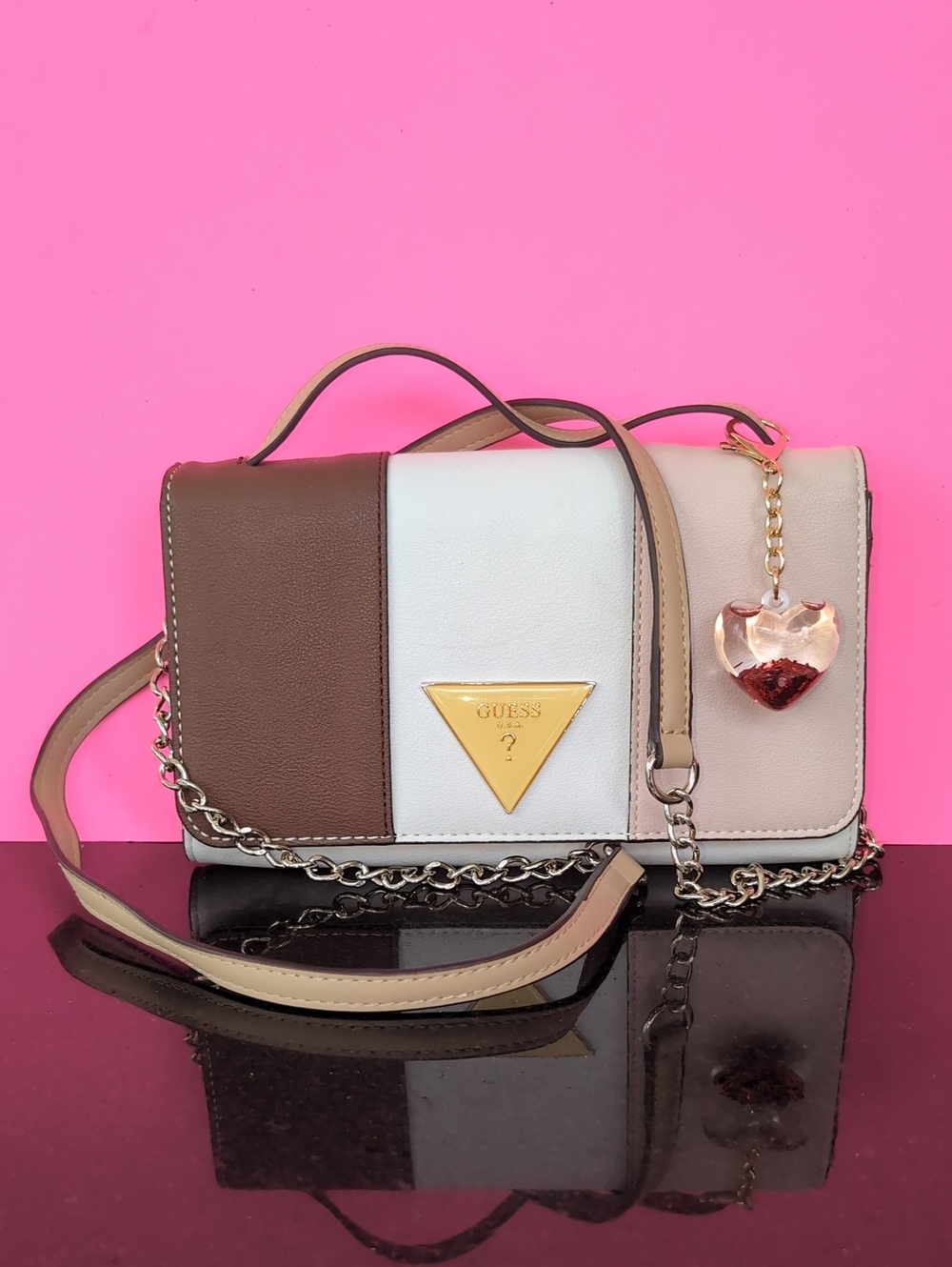 GUESS Tri-Color Leather Crossbody Bag in Brown, White & Cream Size8.5+5+1.5